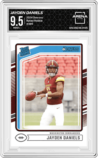Jayden Daniels from the 2024 Donruss set graded by Arena Club and given an overall grade of 9.5.