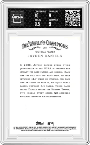 Jayden Daniels from the 2024 Topps Allen & Ginter set graded by Arena Club and given an overall grade of 9.5.