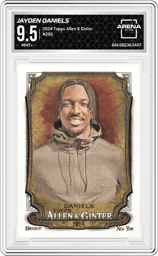 Jayden Daniels from the 2024 Topps Allen & Ginter set graded by Arena Club and given an overall grade of 9.5.