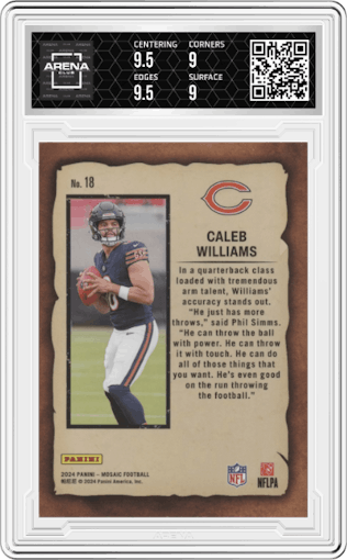 Caleb Williams from the 2024 Panini Mosaic set graded by Arena Club and given an overall grade of 9.5.
