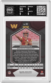 Jayden Daniels from the 2024 Panini Mosaic set graded by Arena Club and given an overall grade of 9.