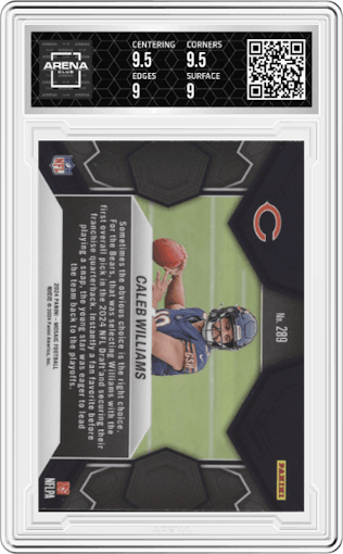 Caleb Williams from the 2024 Panini Mosaic set graded by Arena Club and given an overall grade of 9.5.