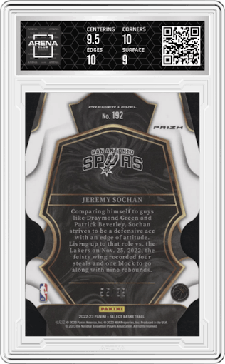 Jeremy Sochan from the 2022-23 Panini Select set featuring a Die-Cut Purple parallel graded by Arena Club and given an overall grade of 9.5.
