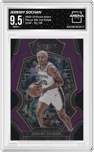Jeremy Sochan from the 2022-23 Panini Select set featuring a Die-Cut Purple parallel graded by Arena Club and given an overall grade of 9.5.