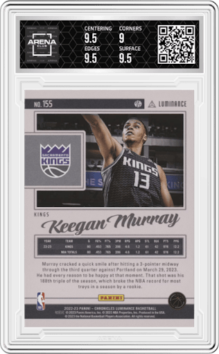 Keegan Murray from the 2022-23 Panini Chronicles  set featuring a Red parallel graded by Arena Club and given an overall grade of 9.5.