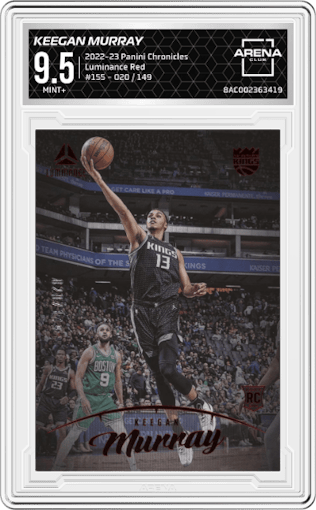 Keegan Murray from the 2022-23 Panini Chronicles  set featuring a Red parallel graded by Arena Club and given an overall grade of 9.5.