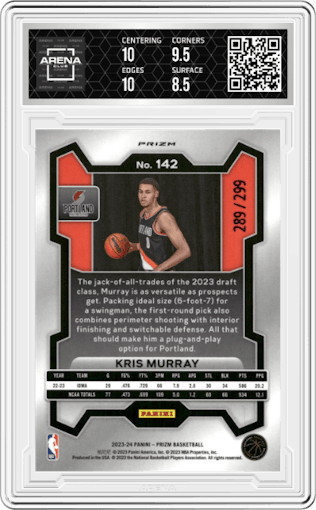Kris Murray from the 2023-24 Panini Prizm set featuring a Red Prizm parallel graded by Arena Club and given an overall grade of 9.