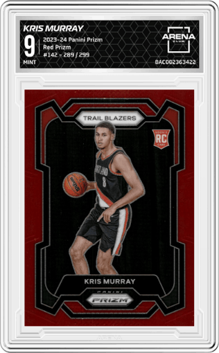 Kris Murray from the 2023-24 Panini Prizm set featuring a Red Prizm parallel graded by Arena Club and given an overall grade of 9.