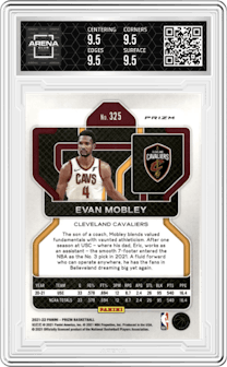 Evan Mobley from the 2021-22 Panini Prizm  set featuring a Ice Prizm parallel graded by Arena Club and given an overall grade of 9.5.
