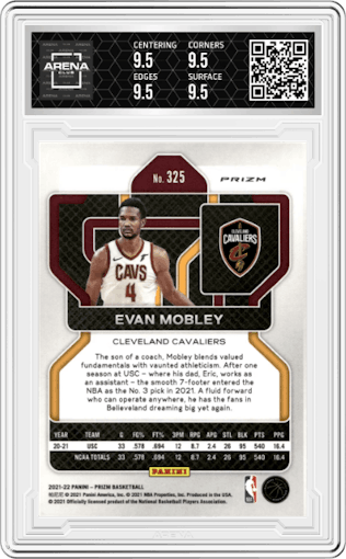 Evan Mobley from the 2021-22 Panini Prizm  set featuring a Ice Prizm parallel graded by Arena Club and given an overall grade of 9.5.