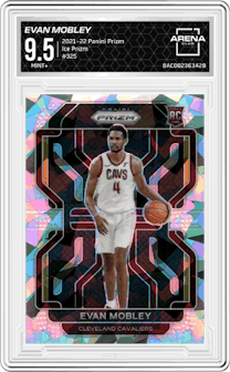 Evan Mobley from the 2021-22 Panini Prizm  set featuring a Ice Prizm parallel graded by Arena Club and given an overall grade of 9.5.