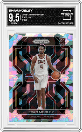 Evan Mobley from the 2021-22 Panini Prizm  set featuring a Ice Prizm parallel graded by Arena Club and given an overall grade of 9.5.
