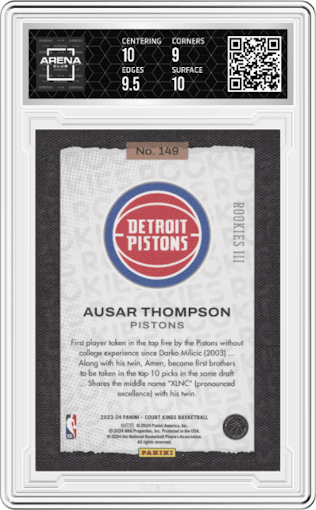 Ausar Thompson  from the 2023-24 Panini Court Kings set graded by Arena Club and given an overall grade of 9.5.