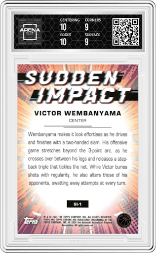 Victor Wembanyama from the 2023-24 Topps Chrome set featuring a Green Topps Refractor parallel graded by Arena Club and given an overall grade of 9.5.