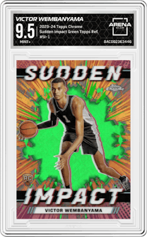 Victor Wembanyama from the 2023-24 Topps Chrome set featuring a Green Topps Refractor parallel graded by Arena Club and given an overall grade of 9.5.