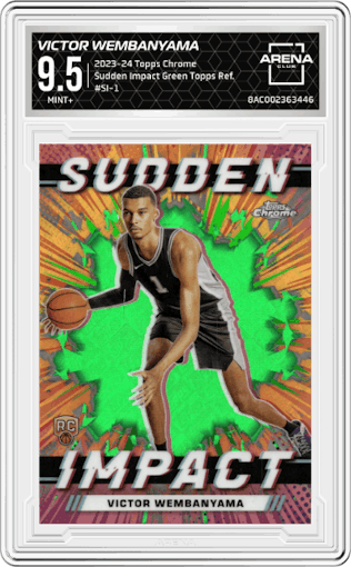 Victor Wembanyama from the 2023-24 Topps Chrome set featuring a Green Topps Refractor parallel graded by Arena Club and given an overall grade of 9.5.