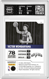 Victor Wembanyama from the 2023-24 Panini Prizm Monopoly set graded by Arena Club and given an overall grade of 9.5.
