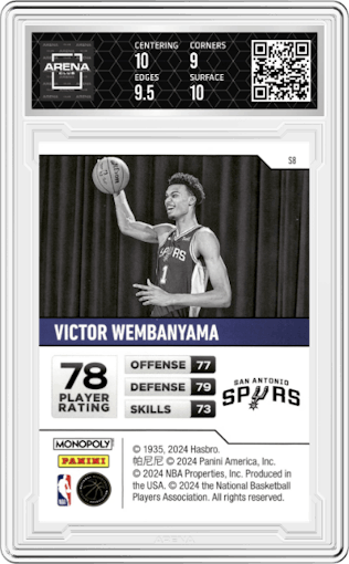 Victor Wembanyama from the 2023-24 Panini Prizm Monopoly set graded by Arena Club and given an overall grade of 9.5.