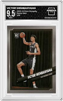 Victor Wembanyama from the 2023-24 Panini Prizm Monopoly set graded by Arena Club and given an overall grade of 9.5.