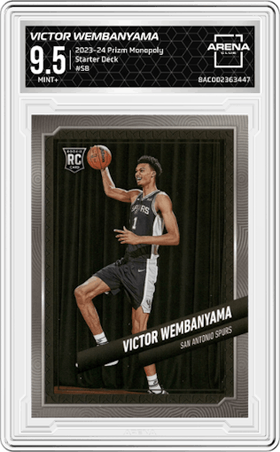 Victor Wembanyama from the 2023-24 Panini Prizm Monopoly set graded by Arena Club and given an overall grade of 9.5.