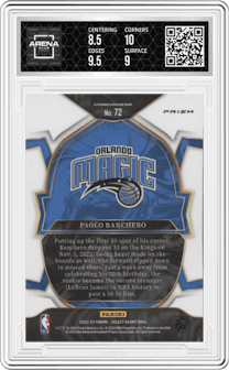 Paolo Banchero from the 2022-23 Panini Select set featuring a Blue Prizm parallel graded by Arena Club and given an overall grade of 9.