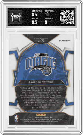 Paolo Banchero from the 2022-23 Panini Select set featuring a Blue Prizm parallel graded by Arena Club and given an overall grade of 9.