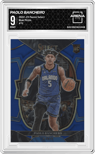 Paolo Banchero from the 2022-23 Panini Select set featuring a Blue Prizm parallel graded by Arena Club and given an overall grade of 9.