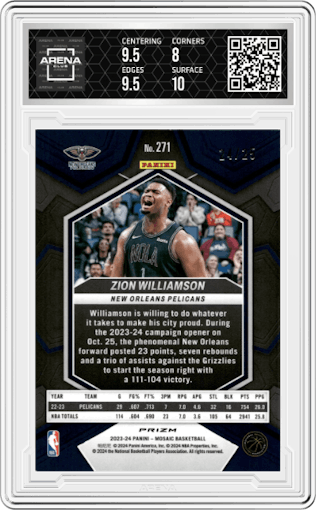 Zion Williamson from the 2023-24 Panini Mosaic set featuring a Blue International parallel graded by Arena Club and given an overall grade of 8.5.