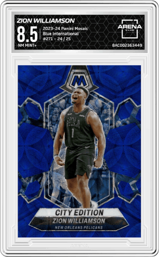 Zion Williamson from the 2023-24 Panini Mosaic set featuring a Blue International parallel graded by Arena Club and given an overall grade of 8.5.