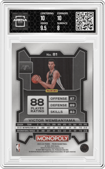 Victor Wembanyama from the 2023-24 Panini Prizm Monopoly set graded by Arena Club and given an overall grade of 8.5.
