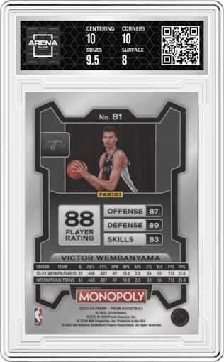 Victor Wembanyama from the 2023-24 Panini Prizm Monopoly set graded by Arena Club and given an overall grade of 8.5.