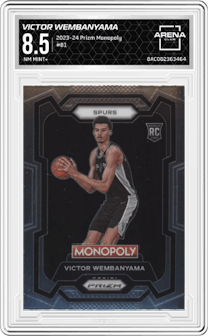 Victor Wembanyama from the 2023-24 Panini Prizm Monopoly set graded by Arena Club and given an overall grade of 8.5.