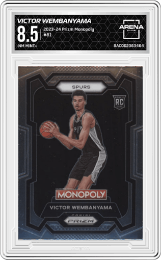 Victor Wembanyama from the 2023-24 Panini Prizm Monopoly set graded by Arena Club and given an overall grade of 8.5.