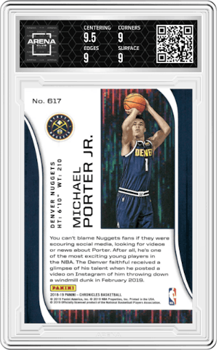 Michael Porter Jr. from the 2018-19 Panini Chronicles set featuring a Blue parallel graded by Arena Club and given an overall grade of 9.