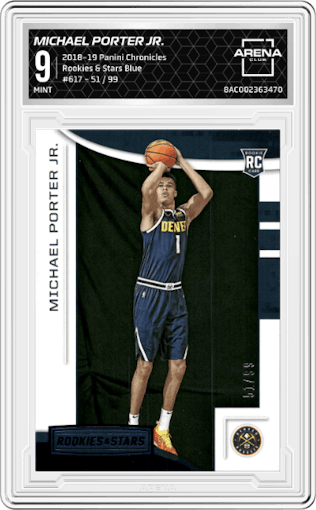 Michael Porter Jr. from the 2018-19 Panini Chronicles set featuring a Blue parallel graded by Arena Club and given an overall grade of 9.