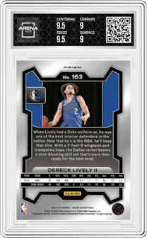 Dereck Lively II from the 2023-24 Panini Prizm set featuring a Green Prizm parallel graded by Arena Club and given an overall grade of 9.5.
