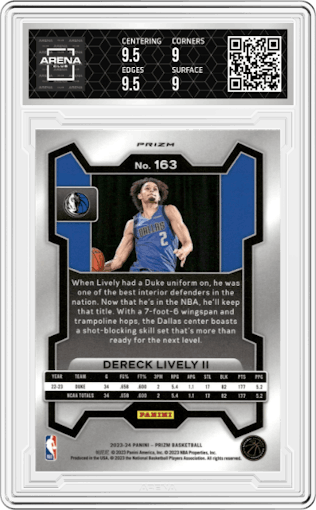 Dereck Lively II from the 2023-24 Panini Prizm set featuring a Green Prizm parallel graded by Arena Club and given an overall grade of 9.5.