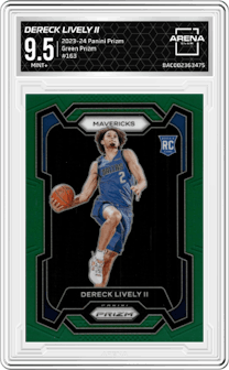 Dereck Lively II from the 2023-24 Panini Prizm set featuring a Green Prizm parallel graded by Arena Club and given an overall grade of 9.5.