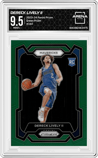 Dereck Lively II from the 2023-24 Panini Prizm set featuring a Green Prizm parallel graded by Arena Club and given an overall grade of 9.5.