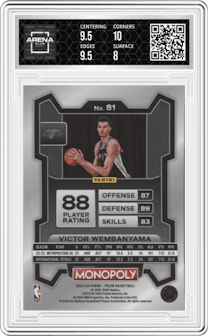 Victor Wembanyama from the 2023-24 Panini Prizm Monopoly set graded by Arena Club and given an overall grade of 8.5.