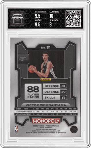 Victor Wembanyama from the 2023-24 Panini Prizm Monopoly set graded by Arena Club and given an overall grade of 8.5.