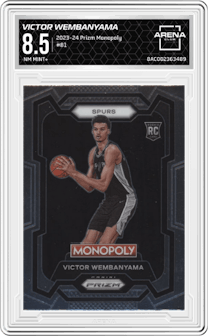 Victor Wembanyama from the 2023-24 Panini Prizm Monopoly set graded by Arena Club and given an overall grade of 8.5.
