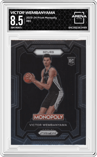 Victor Wembanyama from the 2023-24 Panini Prizm Monopoly set graded by Arena Club and given an overall grade of 8.5.