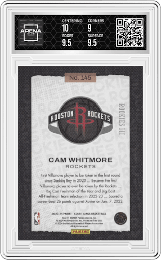 Cam Whitmore from the 2023-24 Panini Court Kings set graded by Arena Club and given an overall grade of 9.5.