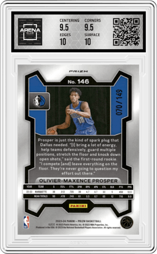 Olivier-Maxence Prosper from the 2023-24 Panini Prizm set featuring a Purple Ice  parallel graded by Arena Club and given an overall grade of 10.