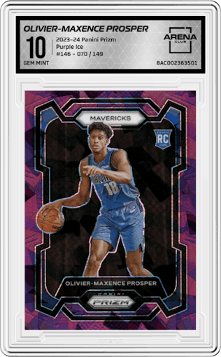 Olivier-Maxence Prosper from the 2023-24 Panini Prizm set featuring a Purple Ice  parallel graded by Arena Club and given an overall grade of 10.