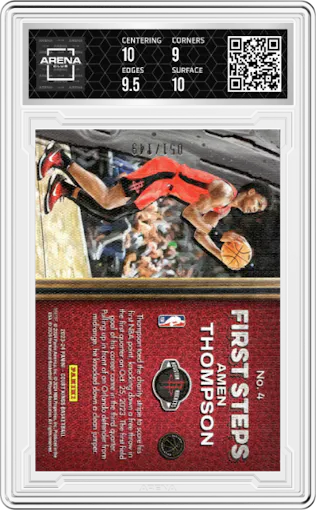 Amen Thompson from the 2023-24 Panini Court Kings set featuring a Ruby parallel graded by Arena Club and given an overall grade of 9.5.