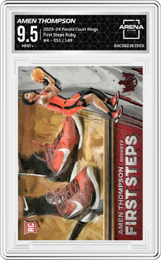 Amen Thompson from the 2023-24 Panini Court Kings set featuring a Ruby parallel graded by Arena Club and given an overall grade of 9.5.