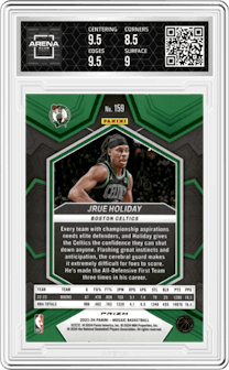 Jrue Holiday from the 2023-24 Panini Mosaic set featuring a Genesis parallel graded by Arena Club and given an overall grade of 9.