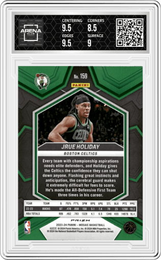 Jrue Holiday from the 2023-24 Panini Mosaic set featuring a Genesis parallel graded by Arena Club and given an overall grade of 9.
